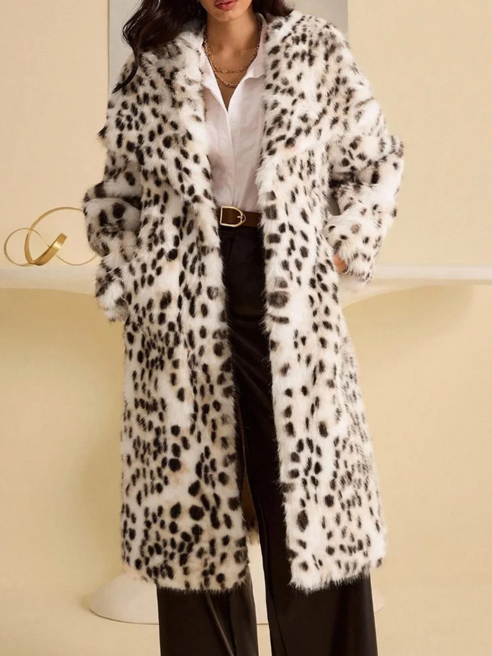 Apricot Party Women's Leopard Print Faux Fur Collar Long Coat